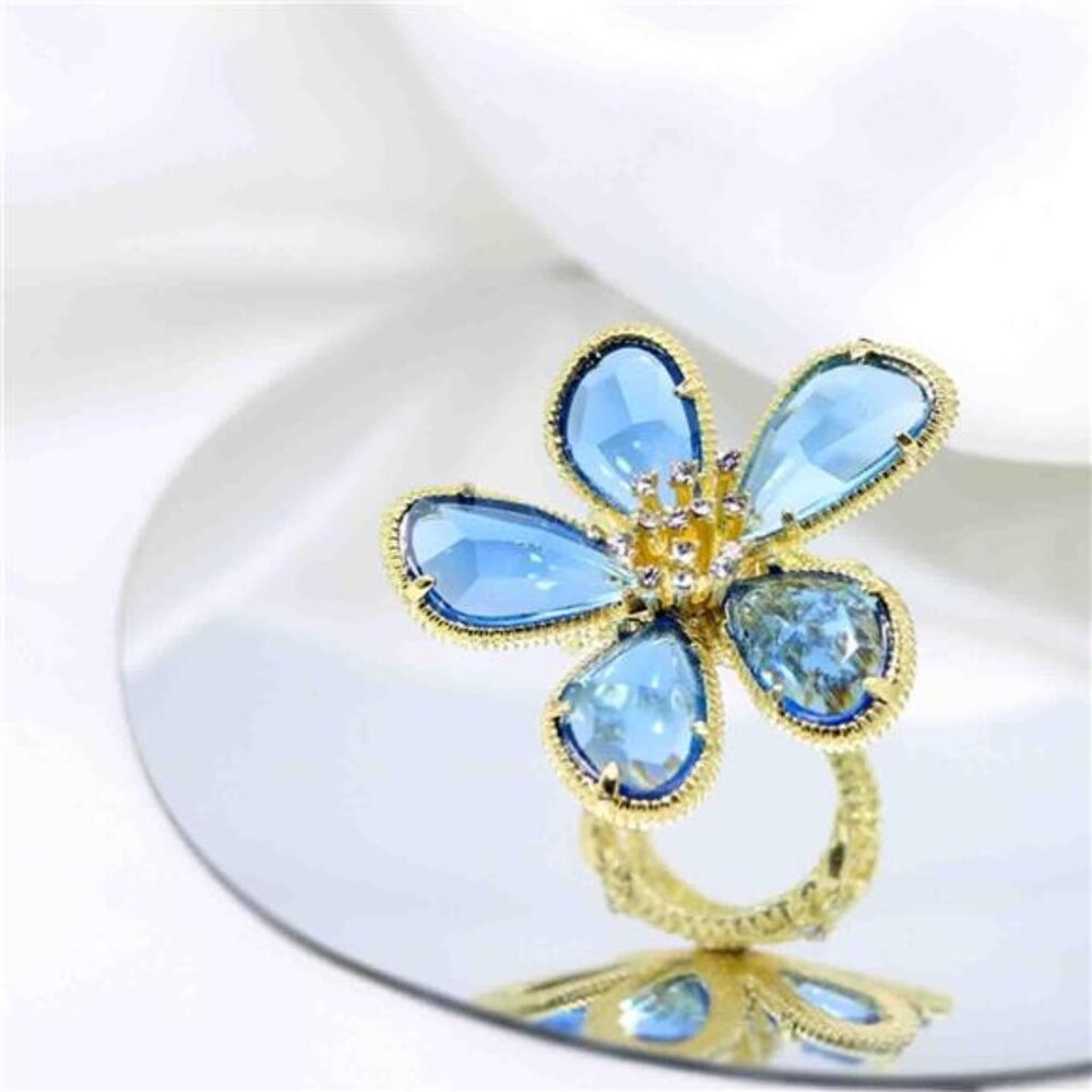 Crystal Flower Band Ring – Adjustable Blue or White Crystal Statement Jewelry - Picture 2 of 3